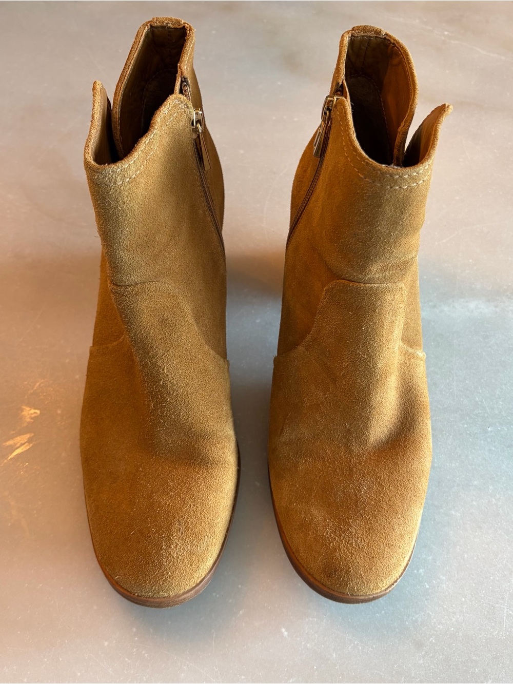 Tory Burch “Sabe” Suede Block Heel Booties with Gold Logo - Picture 3 of 9